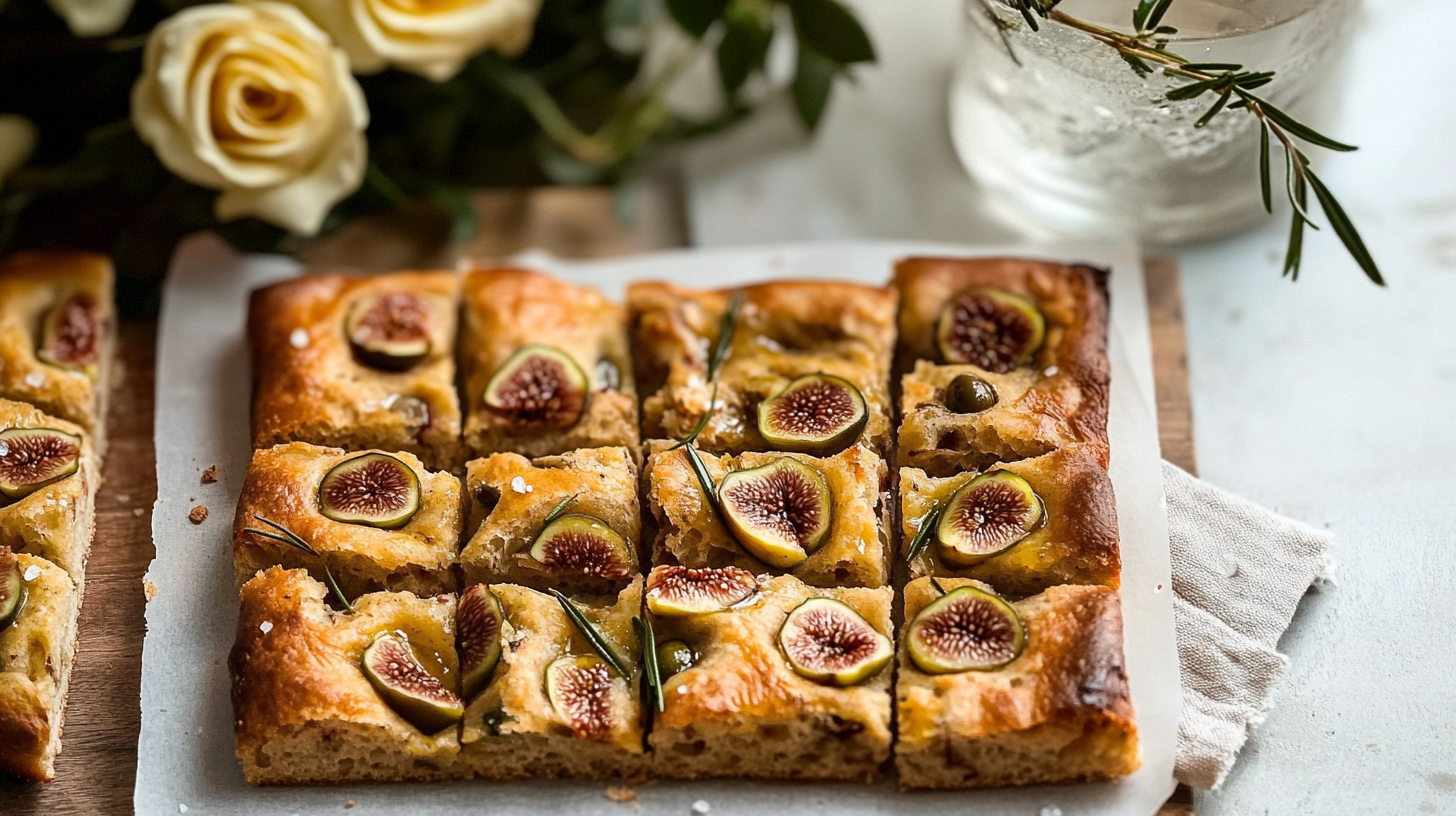 A golden-brown Whole Wheat Focaccia topped with figs, olives, rosemary, and flaky salt.