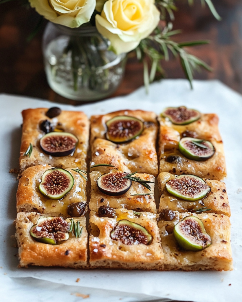 Ingredients for Whole Wheat Focaccia, including whole wheat flour, yeast, fresh figs, olives, rosemary, and olive oil.