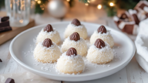 A plate of Lemon Cheesecake Blossoms coated in coconut with a chocolate kiss on top.