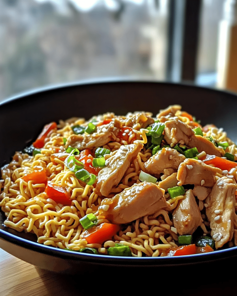 Stir-frying the chicken and vegetables in a wok for Chicken Ramen Stir Fry.