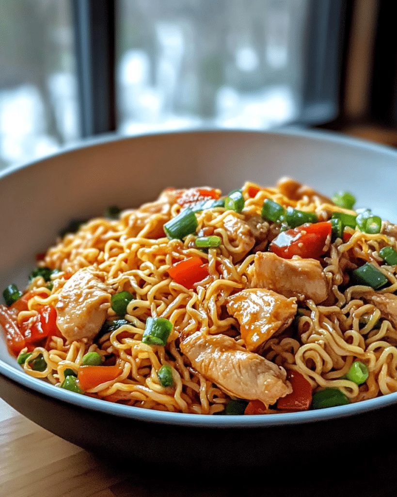 Chicken Ramen Stir Fry served in a bowl, garnished with green onions and sesame seeds.