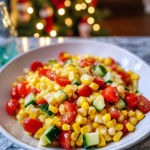 Ingredients for Tomato Corn Salad, including corn, cherry tomatoes, cucumber, red onion, lime, and olive oil.