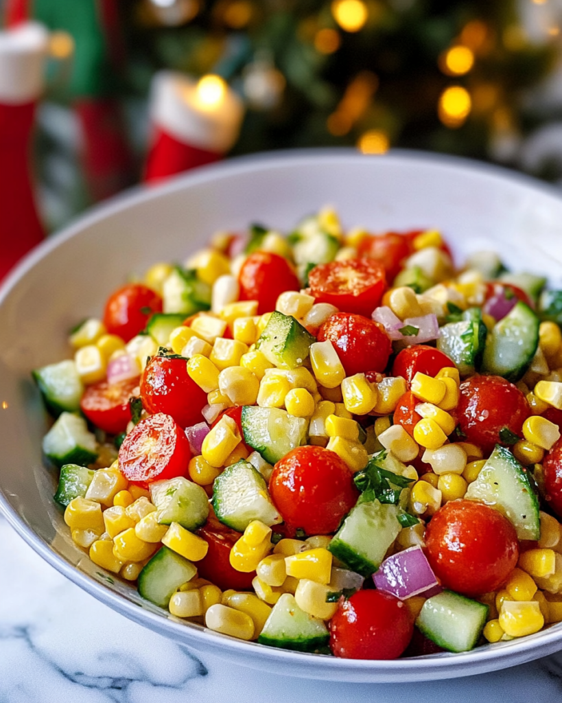 Mixing the corn, tomatoes, cucumber, and onion with the dressing in a large bowl for Tomato Corn Salad.