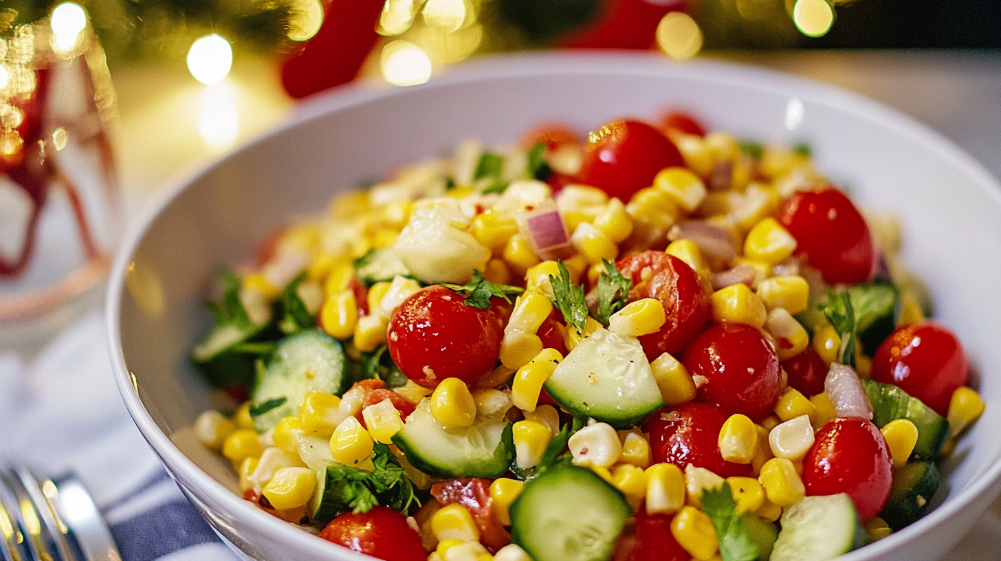 A colorful bowl of Tomato Corn Salad with corn, tomatoes, cucumber, and red onion.