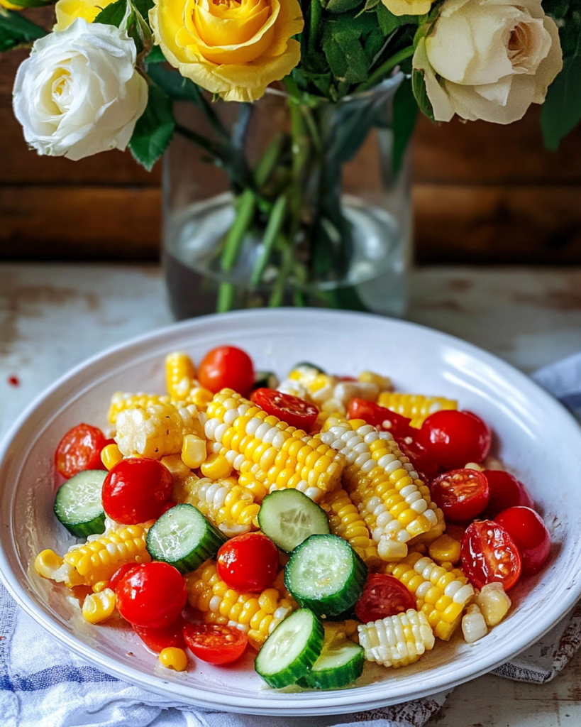 Tomato Corn Salad served in a bowl or as a side dish at a barbecue setting.