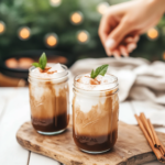Shaking espresso, syrup, and ice in a mason jar for Iced Brown Sugar Oat Milk Shaken Espresso.