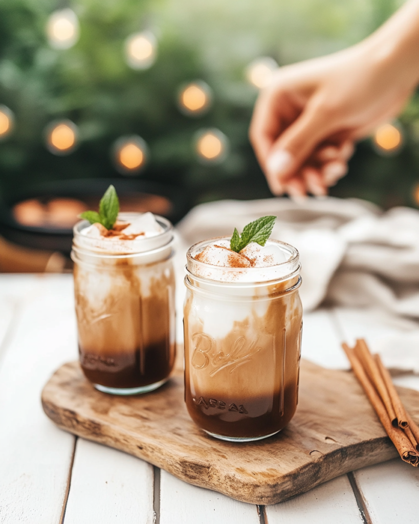 Shaking espresso, syrup, and ice in a mason jar for Iced Brown Sugar Oat Milk Shaken Espresso.