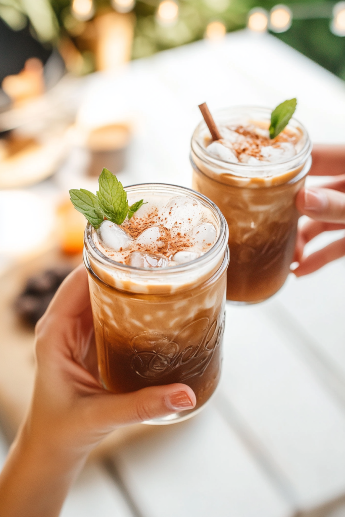 Iced Brown Sugar Oat Milk Shaken Espresso in a glass with froth and maybe a dollop of whipped cream.