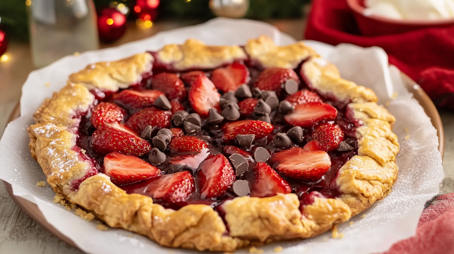 A golden-brown, rustic Strawberry Chocolate Galette on a piece of parchment paper.