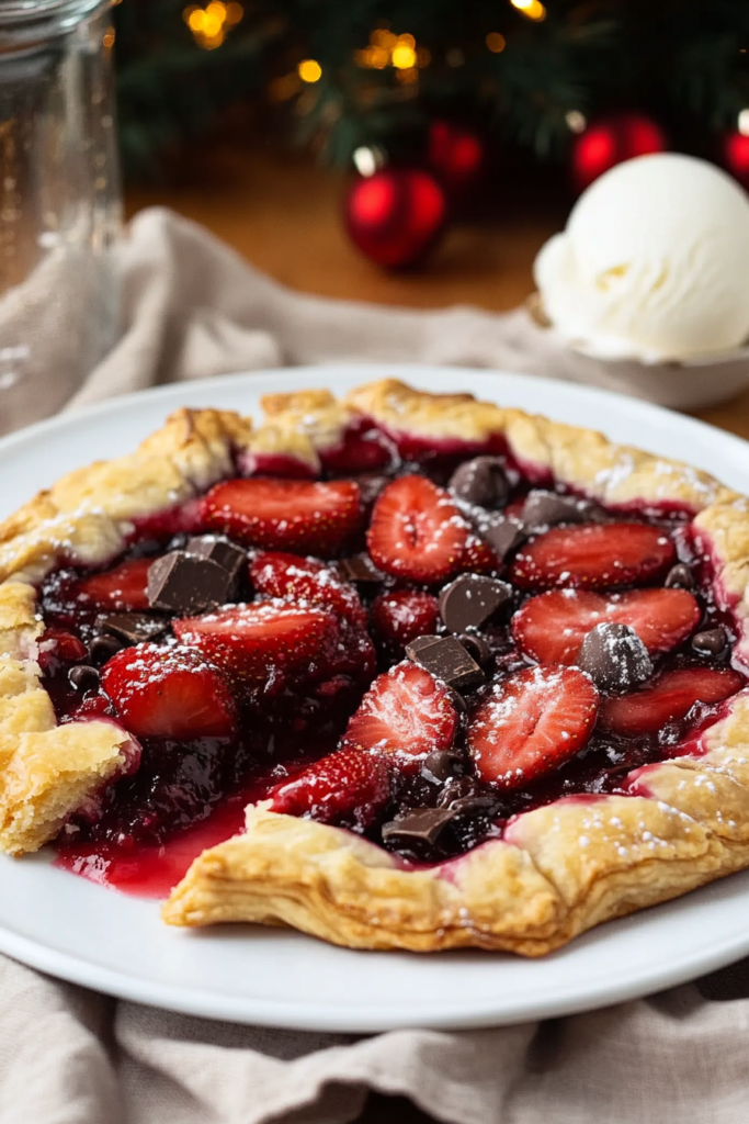 A slice of Strawberry Chocolate Galette served warm with a scoop of vanilla ice cream.