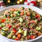 Tossing the quinoa, vegetables, and dressing together in a large bowl for Quinoa Cucumber Salad.