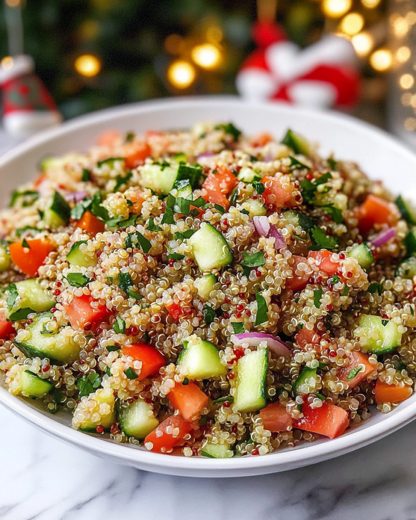 Tossing the quinoa, vegetables, and dressing together in a large bowl for Quinoa Cucumber Salad.
