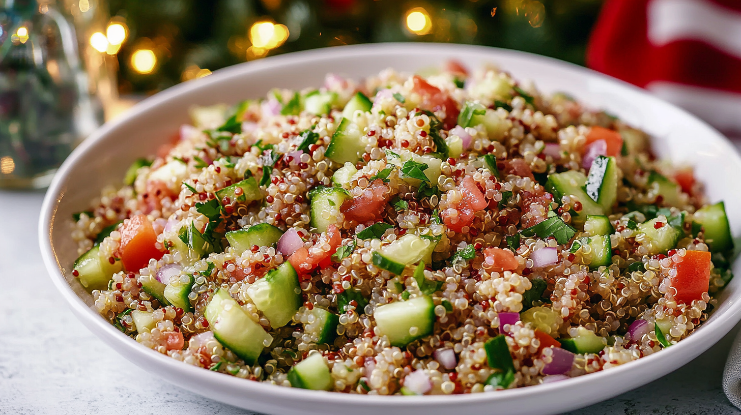 A colorful bowl of Quinoa Cucumber Salad with visible quinoa, cucumber, tomatoes, red onion, and cilantro.