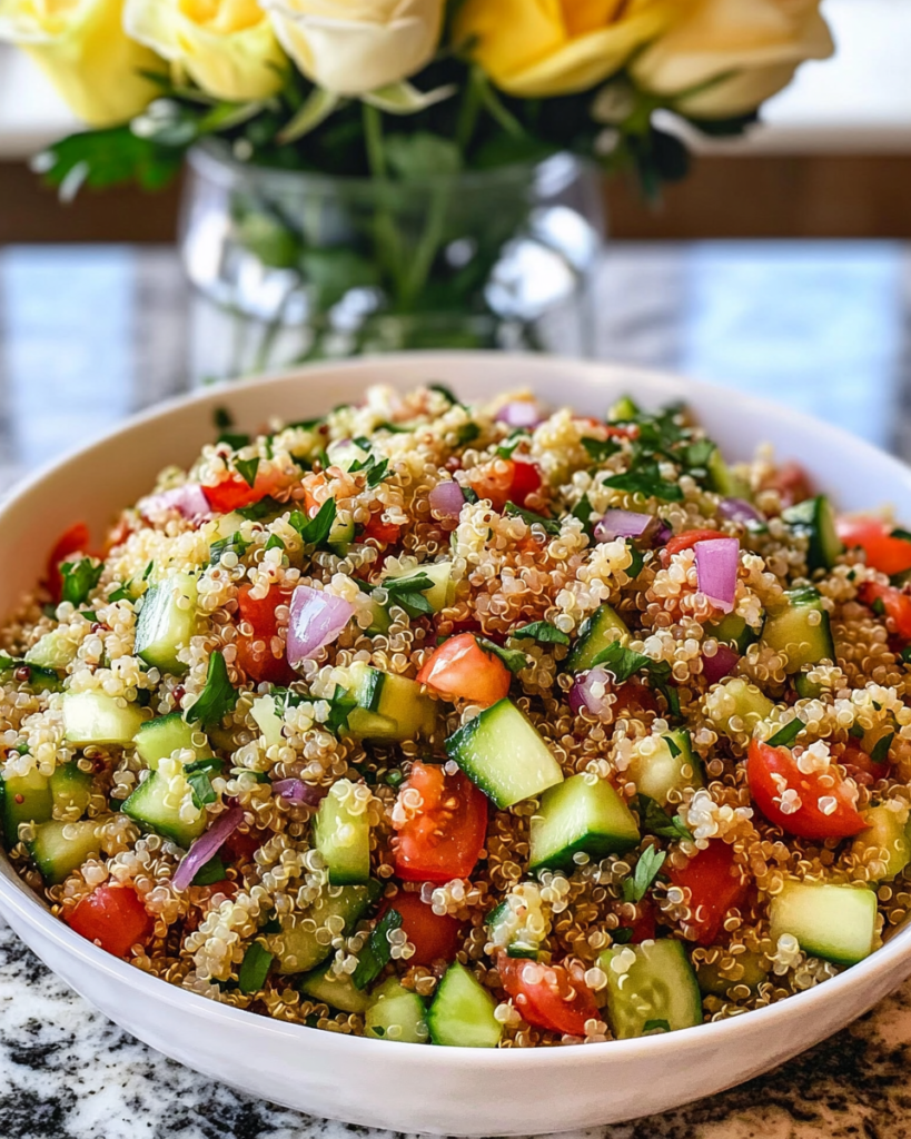 Quinoa Cucumber Salad served in a bowl with a fork, ready to eat.