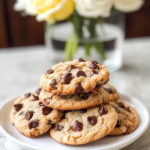 Keto Chocolate Chip Cookies stacked or served with a glass of almond milk.