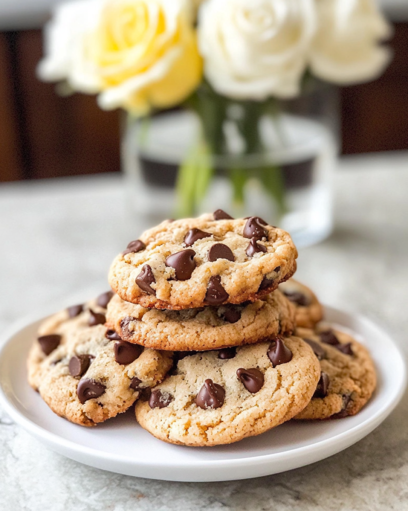 Keto Chocolate Chip Cookies stacked or served with a glass of almond milk.