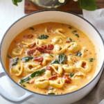 Creamy Tortellini Soup served in bowls with fresh basil garnish.