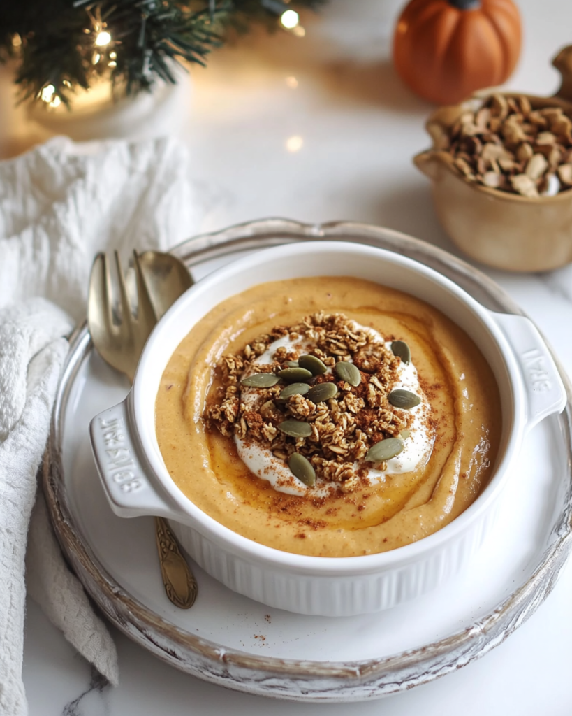 Ingredients for Pumpkin Pie Smoothie Bowl, including frozen pumpkin puree cubes, frozen almond milk cubes, protein powder, maple syrup, and spices.