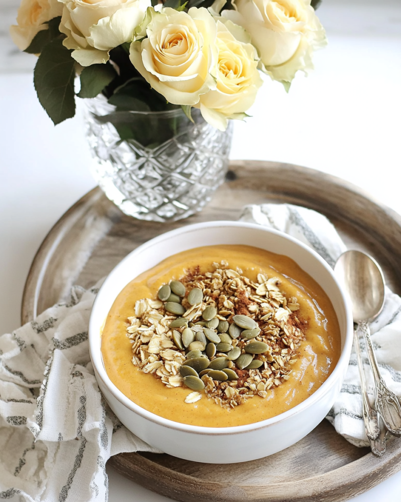 Blending the ingredients for the Pumpkin Pie Smoothie Bowl in a high-speed blender.