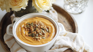 A thick, orange Pumpkin Pie Smoothie Bowl topped with granola and pumpkin seeds.