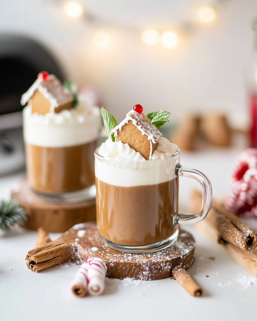 Several Mini Gingerbread House Mug Toppers arranged on a festive platter or decorating mugs.