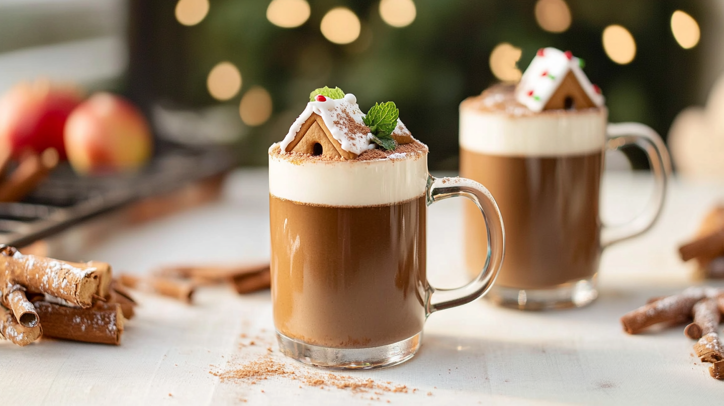 An adorable Mini Gingerbread House perched on the rim of a mug of hot cocoa.