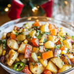Tossing roasted potatoes with fresh vegetables and cilantro dressing in a large bowl for Roasted Potato Salad.