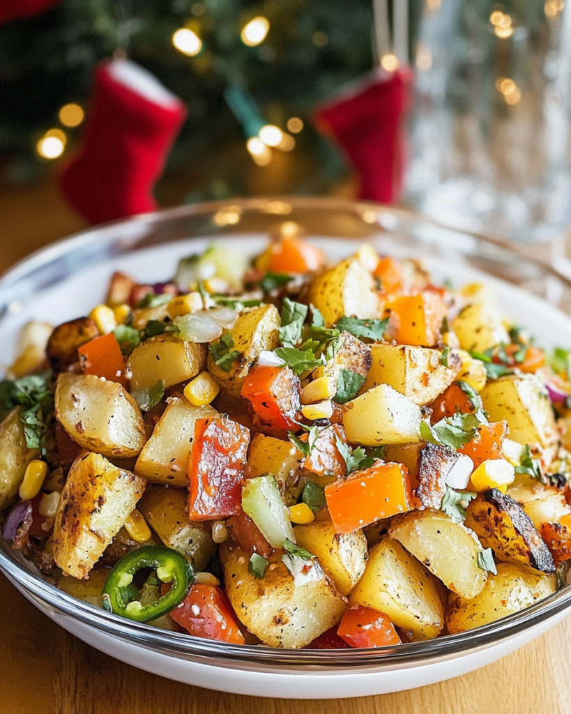 Tossing roasted potatoes with fresh vegetables and cilantro dressing in a large bowl for Roasted Potato Salad.