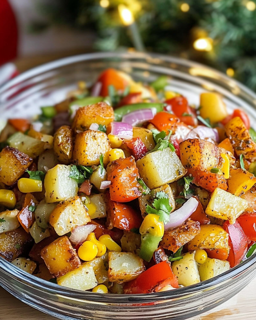 Ingredients for Roasted Potato Salad, including cubed potatoes, bell peppers, corn, tomatoes, cilantro, and dressing components.