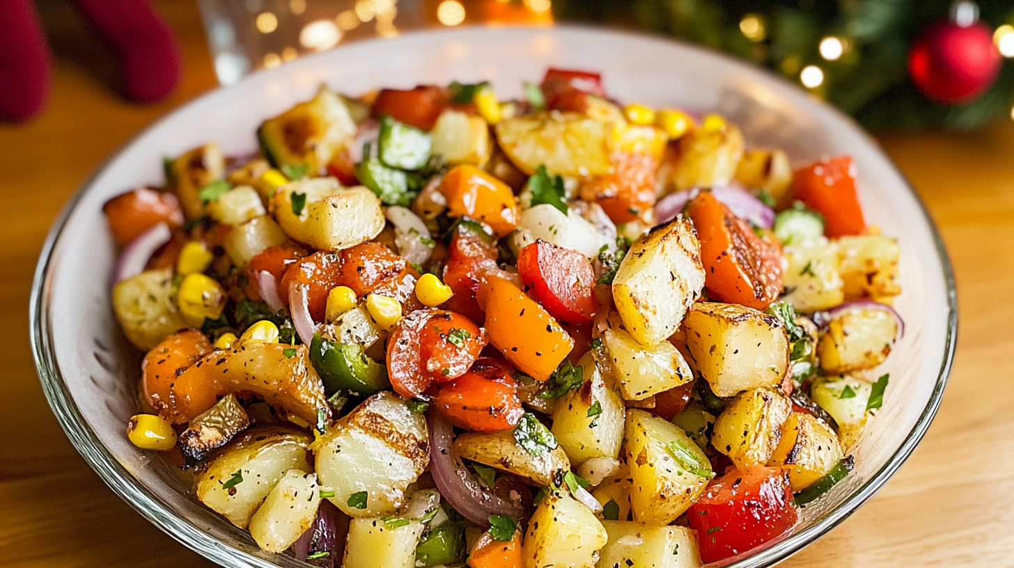 A colorful bowl of Roasted Potato Salad with potatoes, corn, peppers, tomatoes, onions, and cilantro.
