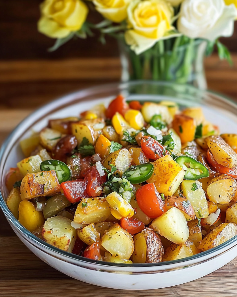Roasted Potato Salad served as a side dish at a barbecue or picnic setting.