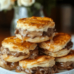 Assembling the French Dip Biscuits by layering beef and cheese on biscuit dough.