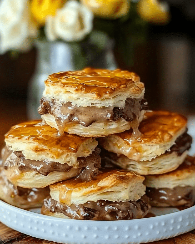 Assembling the French Dip Biscuits by layering beef and cheese on biscuit dough.