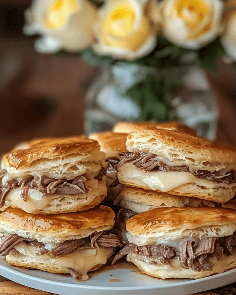 Ingredients for French Dip Biscuits, including refrigerated biscuits, roast beef, provolone cheese, and au jus mix.