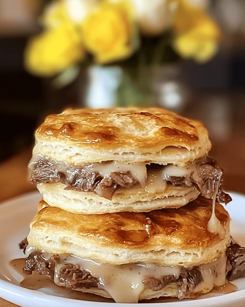Ingredients for French Dip Biscuits, including refrigerated biscuits, roast beef, provolone cheese, and au jus mix.