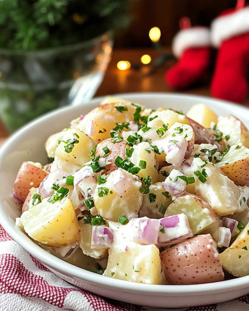 Gently folding the dressing into the cooked potatoes and herbs for Easy Potato Salad.