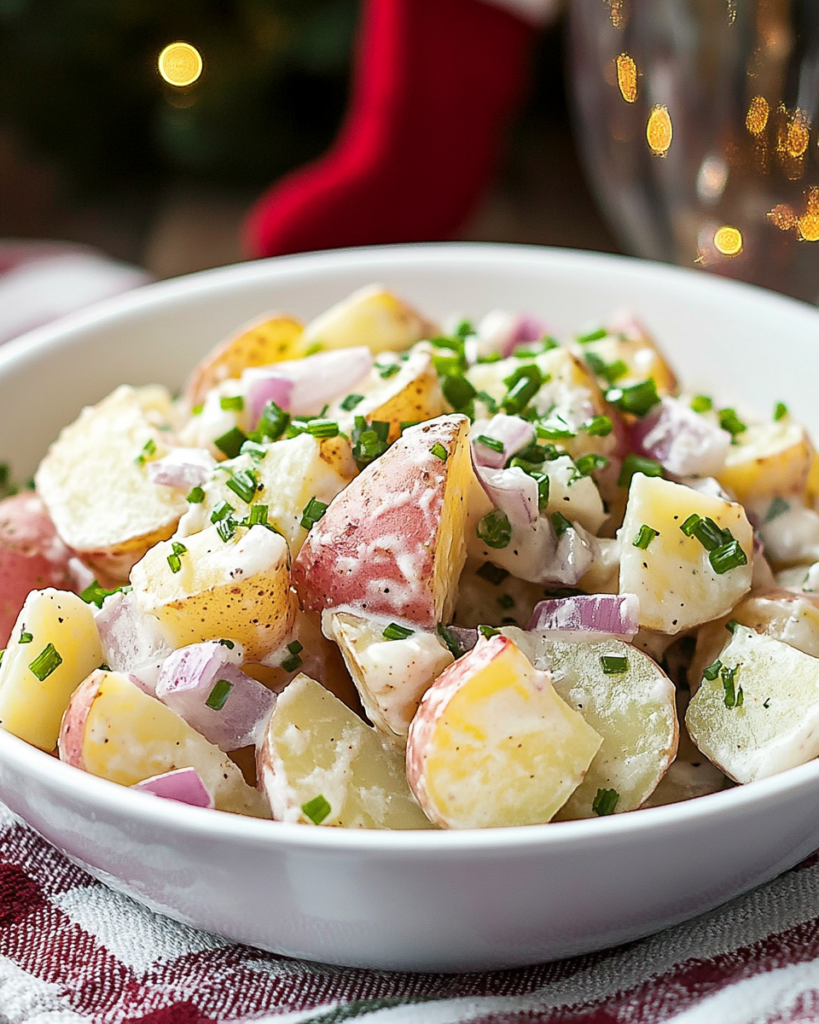 Classic Easy Potato Salad Recipe (Creamy!) 10 Ingredients for Easy Potato Salad, including potatoes, mayonnaise, cream, mustard, onion, and herbs.