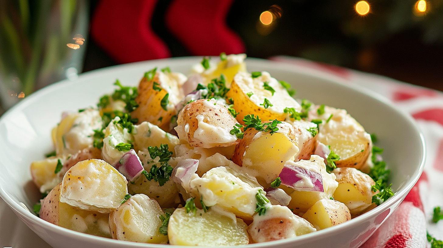 A creamy bowl of Easy Potato Salad with visible potato chunks, herbs, and red onion.