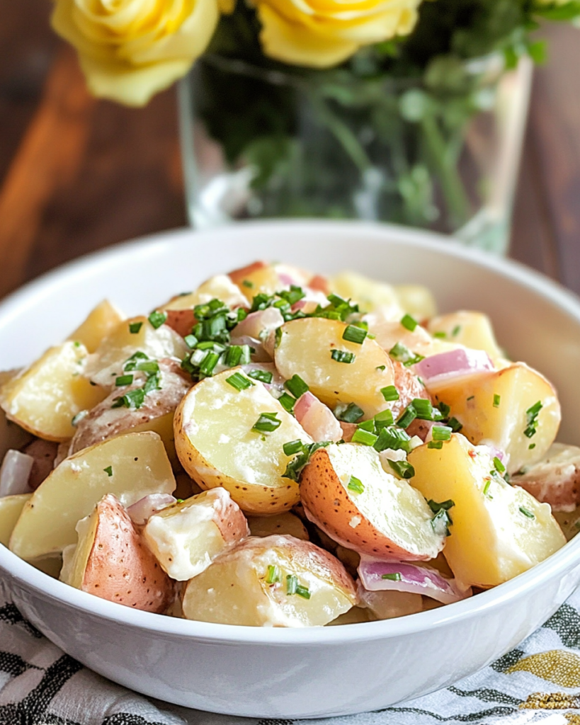 Easy Potato Salad served in a large bowl at a picnic or barbecue setting.