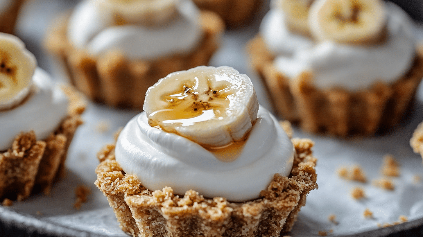 A platter of No-Bake Mini Banana Cream Pies topped with whipped cream, banana slices, and honey.
