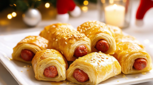 Golden-brown Puff Pastry Pigs in a Blanket arranged on a serving platter, possibly with dipping sauce.