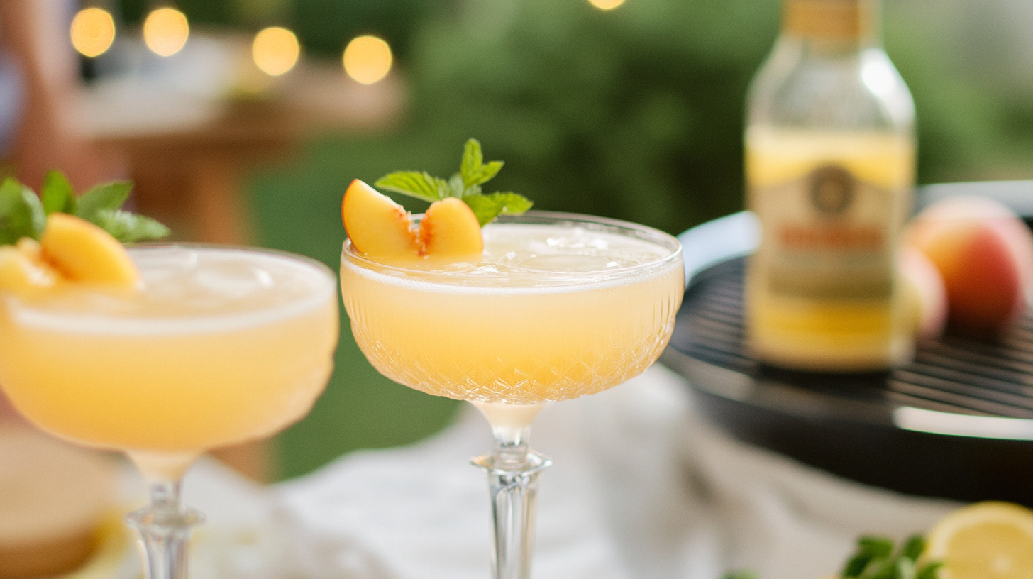 An elegant Peach Blossom Cosmo cocktail in a martini or coupe glass, perhaps garnished with a peach slice.