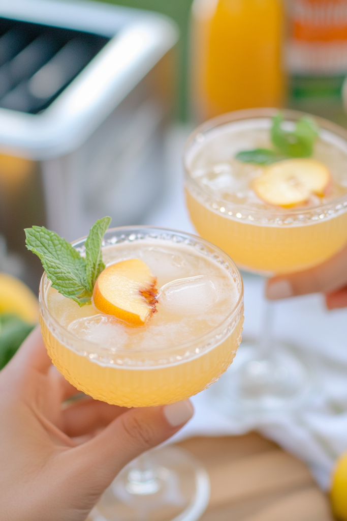 Two glasses of Peach Blossom Cosmo ready for a toast at a spring gathering.