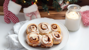 Gooey, iced Cinnamon Buns arranged in a baking pan or on a platter.