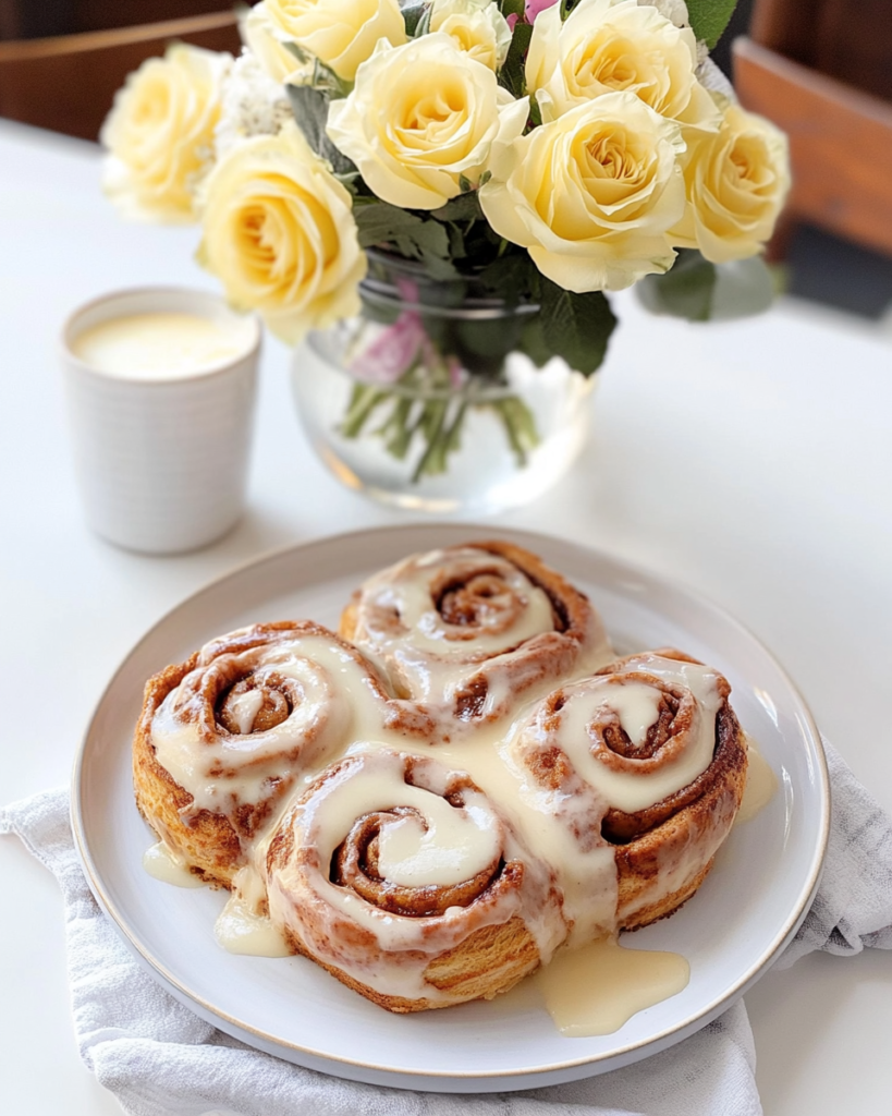 A close-up of a warm Cinnamon Bun with cream cheese icing dripping down the sides.