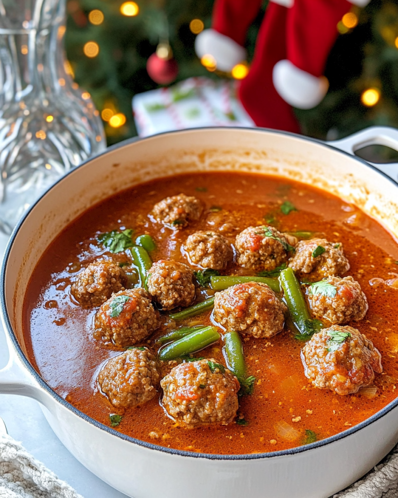 Adding raw meatballs to the simmering broth for Albondigas Soup.