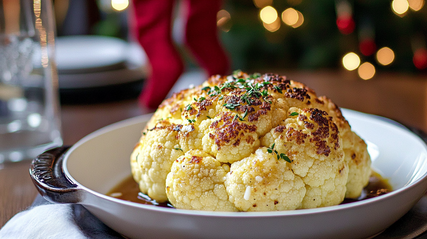 A beautifully golden-brown Whole Roasted Cauliflower in a cast iron skillet, garnished with herbs.