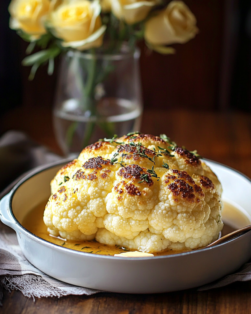 Sliced wedges of Whole Roasted Cauliflower served on a platter or plate.