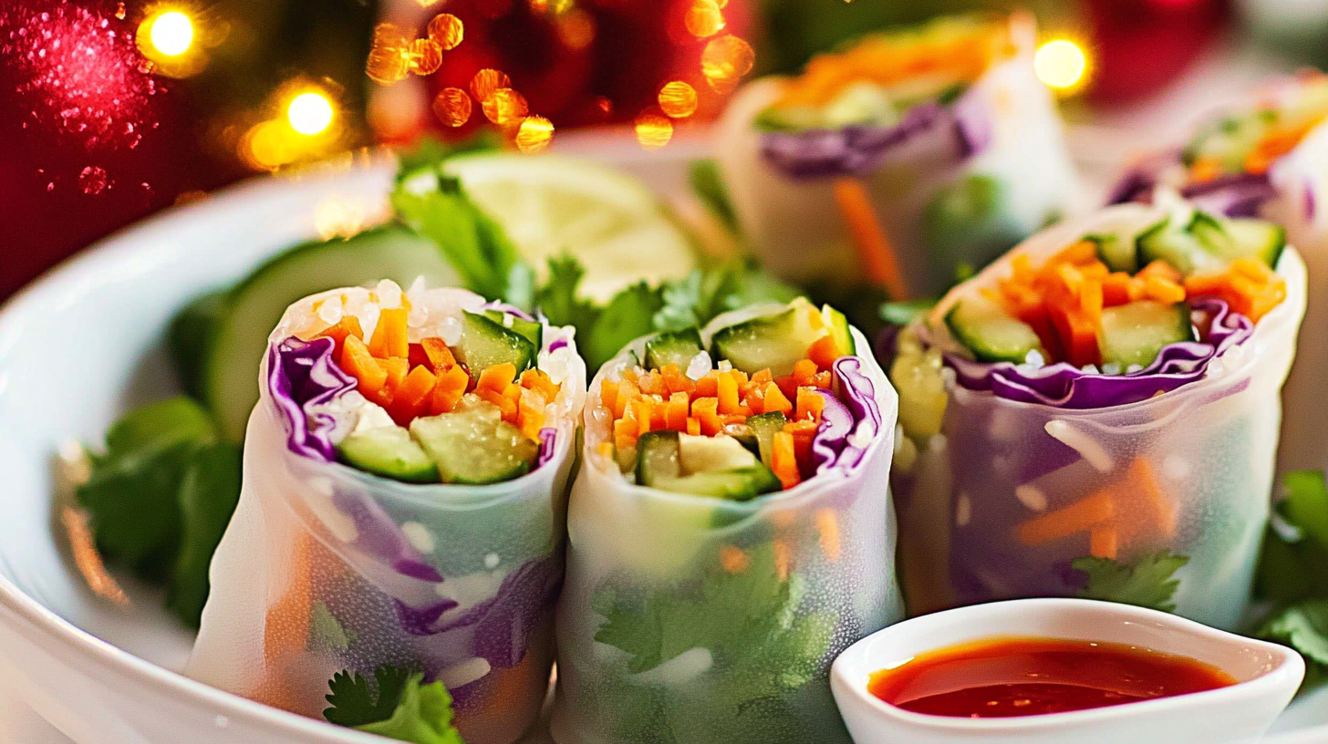 Fresh, translucent Veggie Spring Rolls arranged on a platter with dipping sauce.