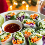 Veggie Spring Rolls cut in half to show the colorful filling inside, served with dipping sauce.